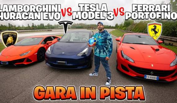 YouTuber người Ý tổ chức đua drag giữa Tesla Model 3, Lamborghini Huracan Evo và Ferrari Portofino