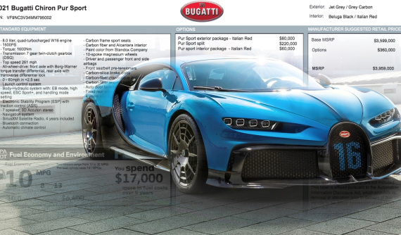 Khám phá nhãn dán cửa sổ của một chiếc siêu xe Bugatti Chiron: chi tiết đến từng trang bị