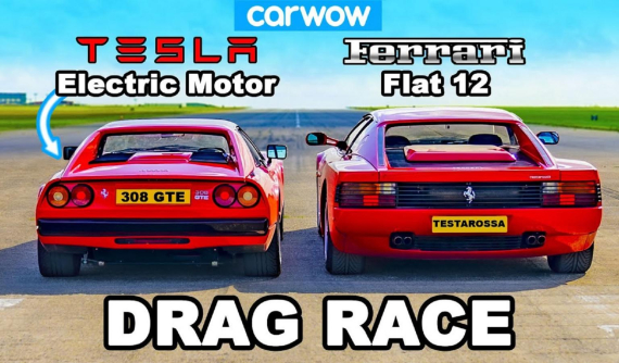 Ferrari 308 độ mô tơ điện Tesla "thổi bay" Ferrari Testarossa trên đường đua drag