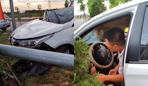 Xem ảnh hiện trường vụ Toyota Vios "hạ gục" cột đèn tại Hải Phòng, cư dân mạng thắc mắc về túi khí