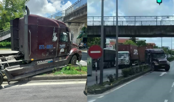 Hải Phòng: Xe container lao lên dải phân cách khiến không ít tài xế đang dừng đèn đỏ thót tim