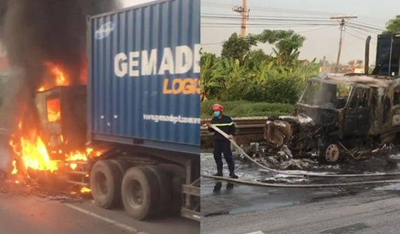 Video: Xe container cháy rụi trên Quốc lộ 5, tài xế may mắn thoát chết