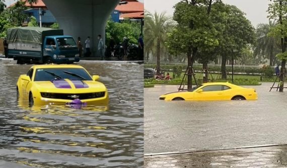 Chevrolet Camaro độ cửa cắt kéo bị nước lũ bao vây ở Hải Phòng