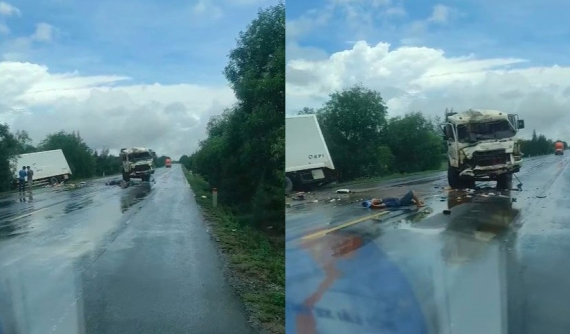 Video: Tránh xe đang vượt, xe ben xoay ngang, tông trúng ô tô tải trên quốc lộ 1A