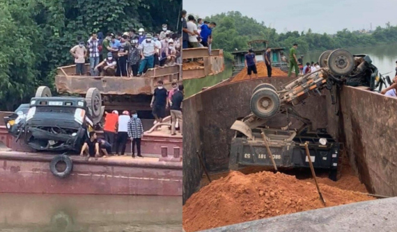 Video quay khoảnh khắc xe ben chở đất lật ngửa xuống tàu khiến tài xế tử vong thương tâm tại Bắc Giang