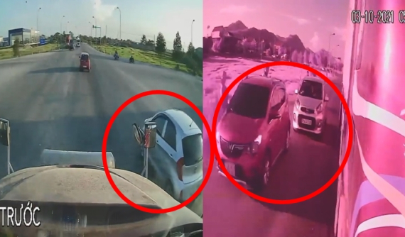 Video: Vượt phải xe container bất thành, Kia Morning "hôn" đuôi xe VinFast Fadil dừng bên đường