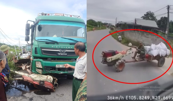 Video quay khoảnh khắc xe công nông đang lên dốc bị xe ben tông trúng, lái xe nhanh chóng nhảy thoát thân