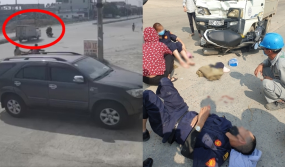 Video quay khoảnh khắc 2 bảo vệ chạy xe máy sang đường bị xe ô tô tải đâm văng ra xa