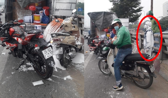 Video quay khoảnh khắc biker điều khiển xe mô tô lạng lách trên cầu vượt Mai Dịch tông trúng xe chở sơn