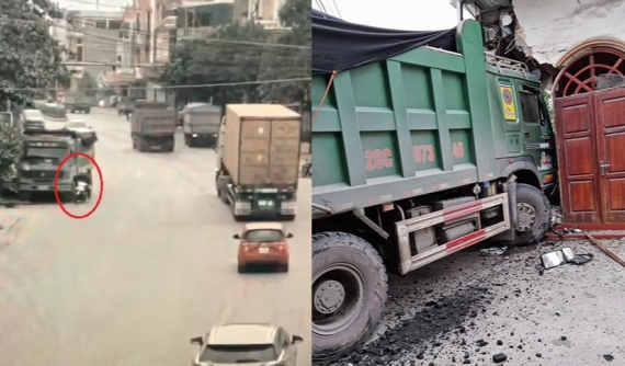 Video: Tránh xe máy sang đường thiếu quan sát, xe ben tông sập tường nhà dân tại Quảng Ninh