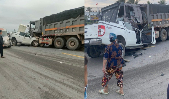 Video quay khoảnh khắc xe bán tải vượt ẩu, đối đầu xe ben khiến 2 người tử vong tại Quảng Ninh