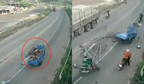 Video quay khoảnh khắc xe ba gác lao sang làn đường ngược chiều, tông trực diện ô tô tải tại Bình Dương