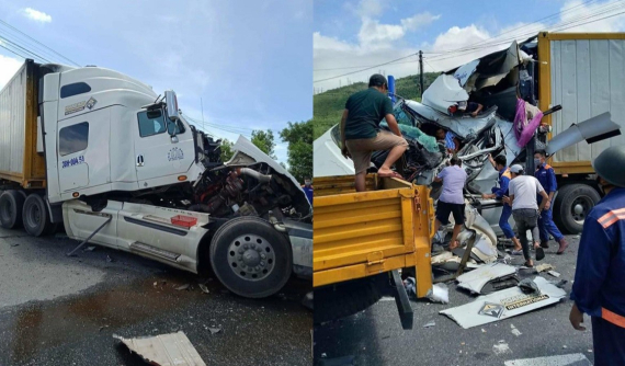 Video quay khoảnh khắc tài xế xe container chở theo vợ con tông đuôi ô tô tải tại Thừa Thiên Huế