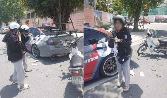 Video quay khoảnh khắc 2 nữ sinh đèo nhau bằng xe máy, tông lệch ống xả của xe sang BMW M3