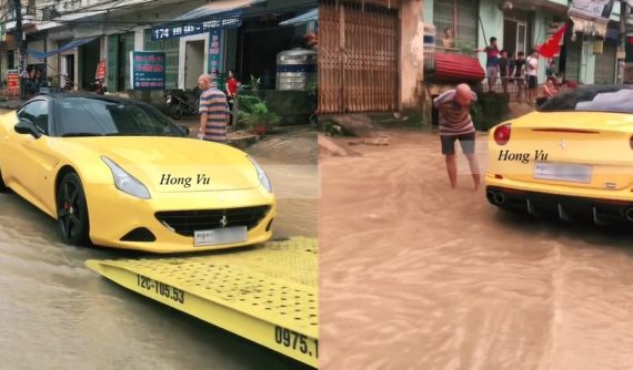 Video: Ferrari California T của đại gia Việt "chôn chân" giữa dòng nước lũ ở Lạng Sơn