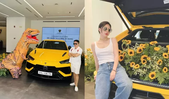 Đi nhận bàn giao xe Lamborghini hơn 20 tỷ đồng với chồng, Đoàn Di Băng hóa trang thành khủng long