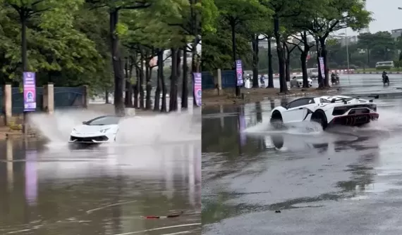 Sau cơn mưa, siêu xe Lamborghini Aventador mui trần độ SVJ được mang ra nghịch nước
