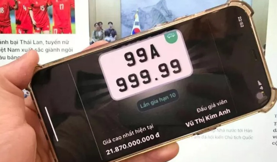 Biển số ô tô “ngũ quý 9” tại Bắc Ninh xác lập kỷ lục đấu giá 21,8 tỷ đồng