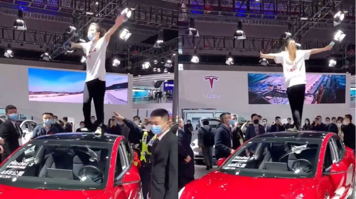 Bức xúc vì cho rằng chiếc Tesla Model 3 của mình bị lắp phanh hỏng, người phụ nữ "làm loạn" tại triển lãm ô tô