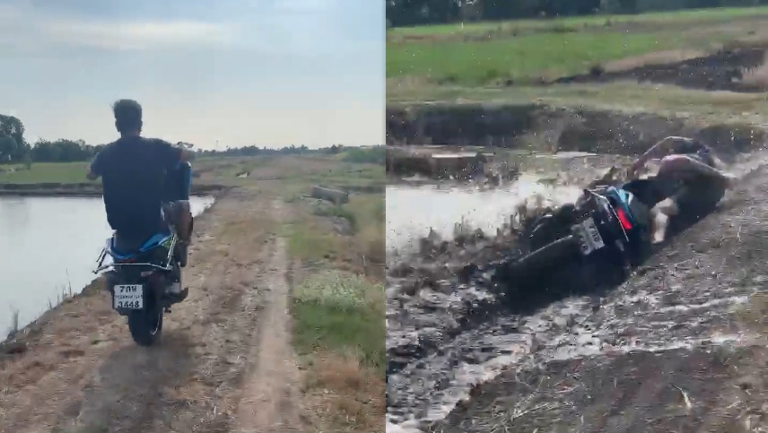 Sau 2 giây bốc đầu chiếc xe tay ga Yamaha NVX, cả người cùng xe lao xuống ruộng