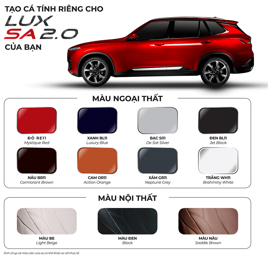 Bảng màu ngoại thất và nội thất của VinFast LUX SA2.0 Bảng màu ngoại thất và nội thất của VinFast LUX SA2.0