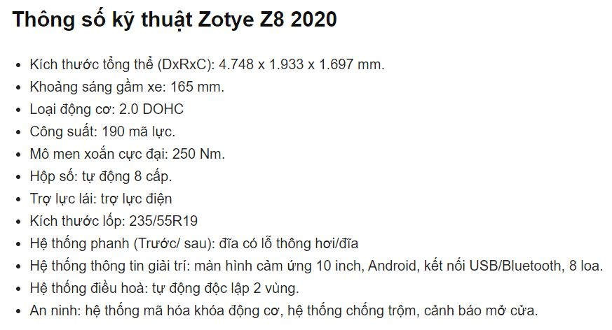 Giá xe Zotye Z8 Giá xe Zotye Z8