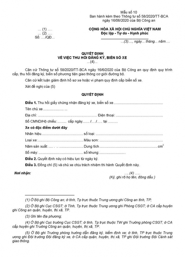 Tờ Quyết định về việc thu hồi đăng ký, biển số xe
