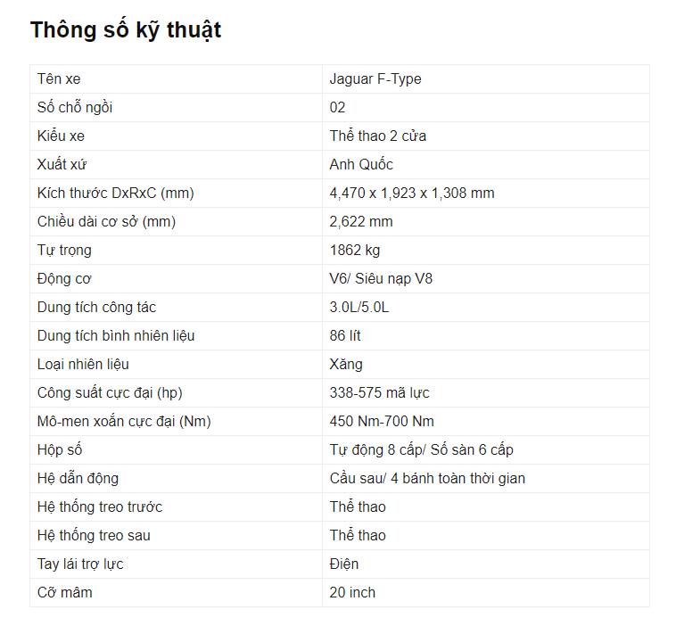 Bảng thông số kỹ thuật của xe Jaguar F Type Bảng thông số kỹ thuật của xe Jaguar F Type