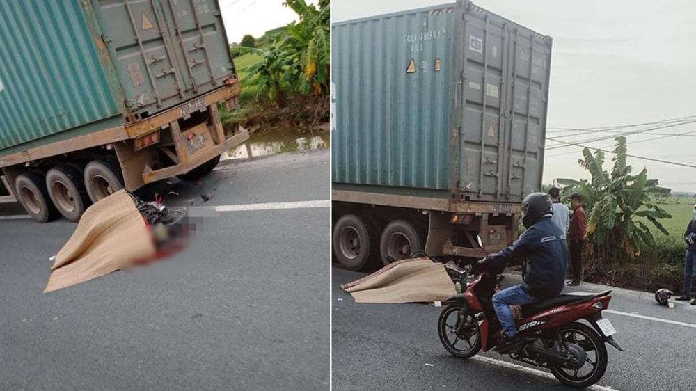 Hiện trường vụ người đi xe máy tông vào đuôi xe container đang dừng đỗ bên đường dẫn đến tử vong ngay tại chỗ Hiện trường vụ người đi xe máy tông vào đuôi xe container đang dừng đỗ bên đường dẫn đến tử vong ngay tại chỗ