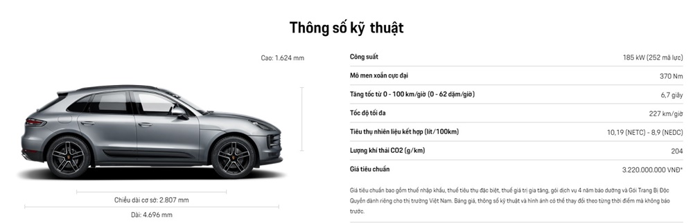 Bảng thông số kỹ thuật của xe Porsche Macan tiêu chuẩn Bảng thông số kỹ thuật của xe Porsche Macan tiêu chuẩn
