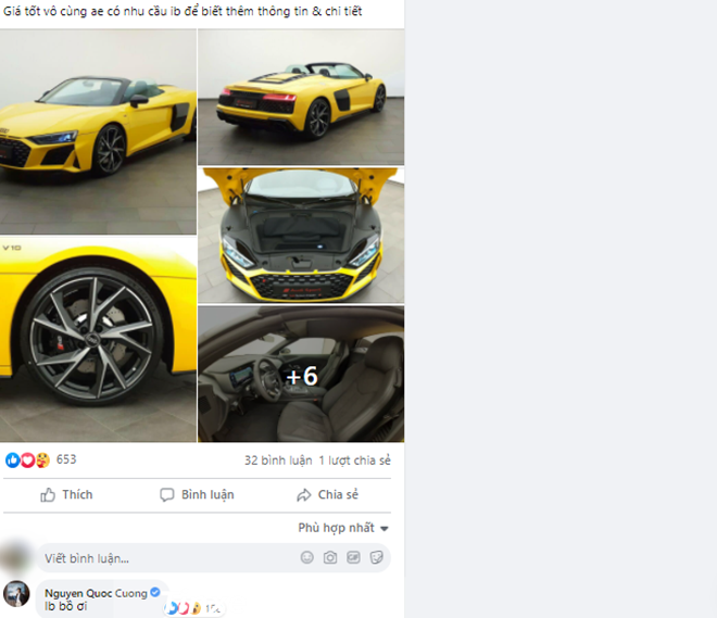 Cường Cường Đô-la quan tâm đến bài đăng bán siêu xe Audi R8 V10 Spyder 2021 của một người bạn thân chuyên nhập khẩu siêu xe ở Việt Nam