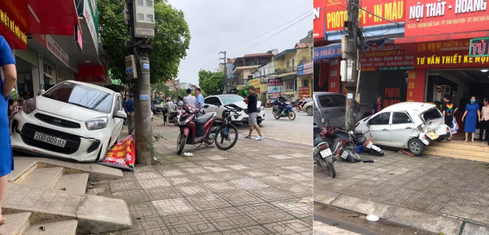 Chiếc Kia Morning tông trúng 2 chiếc xe máy và 2 chiếc xe đạp điện dựng trên vỉa hè Chiếc Kia Morning tông trúng 2 chiếc xe máy và 2 chiếc xe đạp điện dựng trên vỉa hè