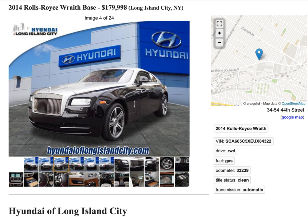 Đại lý ô tô Hyundai Long Island rao bán chiếc Rolls-Royce Wraith