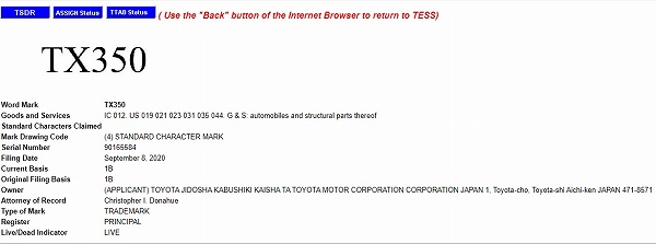 Hãng Lexus đăng ký bản quyền thương hiệu cho TX350