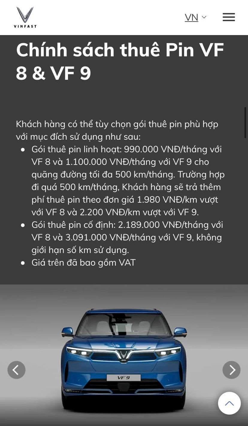Các gói thuê pin của VinFast VF8 và VF9. Các gói thuê pin của VinFast VF8 và VF9.