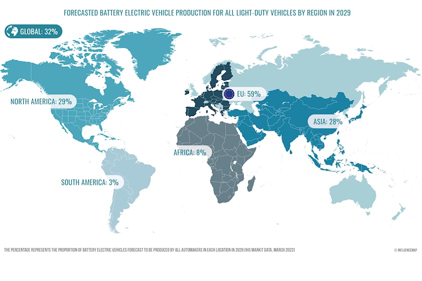 Dự đoán về sản lượng ô tô điện tại các châu lục vào năm 2029