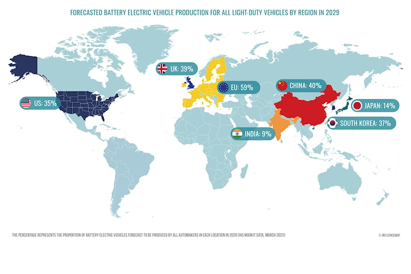 Dự đoán về sản lượng ô tô điện tại các quốc gia vào năm 2029