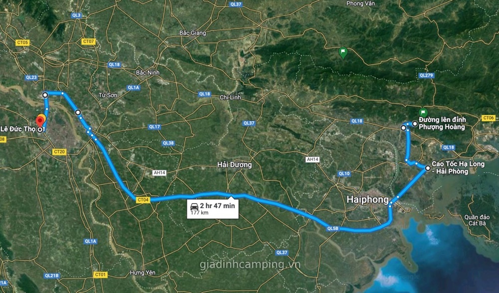 Cung đường di chuyển từ Hà Nội đến đỉnh núi Phượng Hoàng (Quảng Ninh).