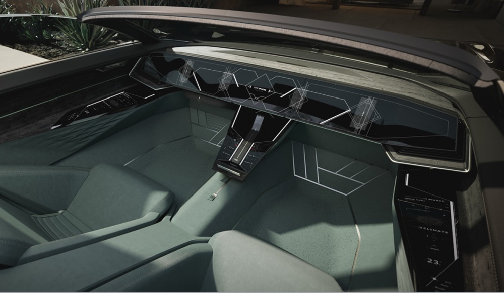 Audi Skyphere Concept ở chế độ GT khi vô lăng, bàn đạp và cần số đều ẩn đi, thay vào đó là màn hình 55,7 inch.