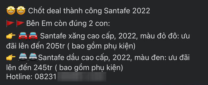 Mức ưu đãi bao gồm cả tiền mặt và phụ kiện cho Hyundai Santa Fe ở đại lý này dao động từ 205 - 245 triệu đồng Mức ưu đãi bao gồm cả tiền mặt và phụ kiện cho Hyundai Santa Fe ở đại lý này dao động từ 205 - 245 triệu đồng