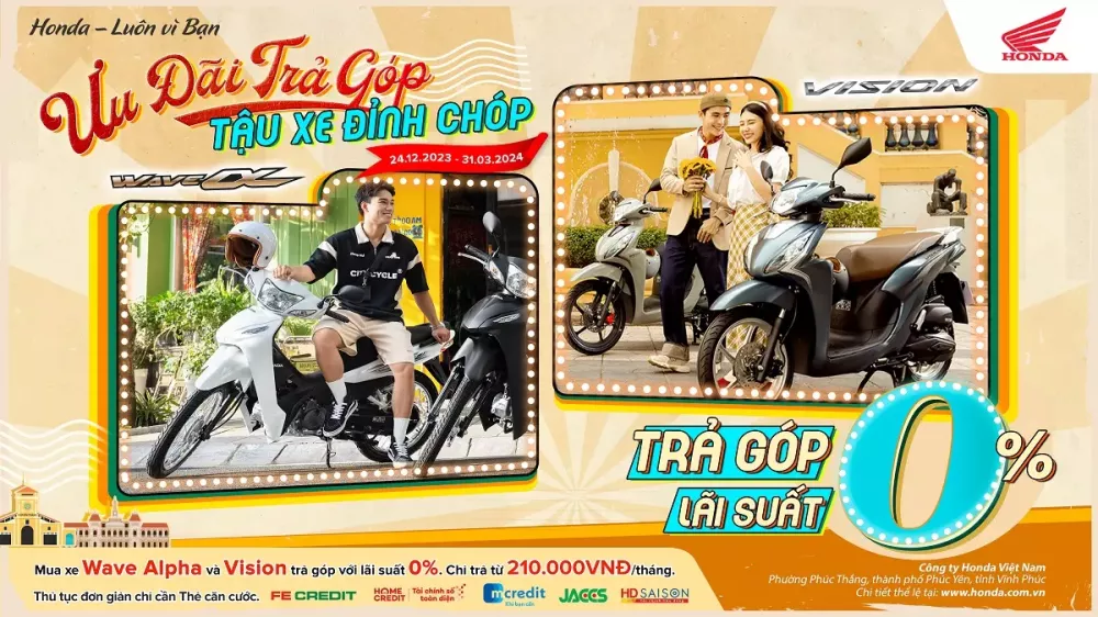 Honda Vision và Wave Alpha được hỗ trợ trả góp với mức lãi suất 0% Honda Vision và Wave Alpha được hỗ trợ trả góp với mức lãi suất 0%