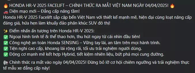 Honda HR-V 2025 dự kiến ra mắt Việt Nam trong tuần này, đại lý ồ ạt nhận cọc