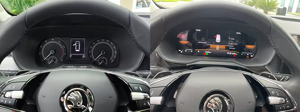 Bảng đồng hồ của Skoda Kushaq bản thấp (bên trái) và bản cao (bên phải) Bảng đồng hồ của Skoda Kushaq bản thấp (bên trái) và bản cao (bên phải)