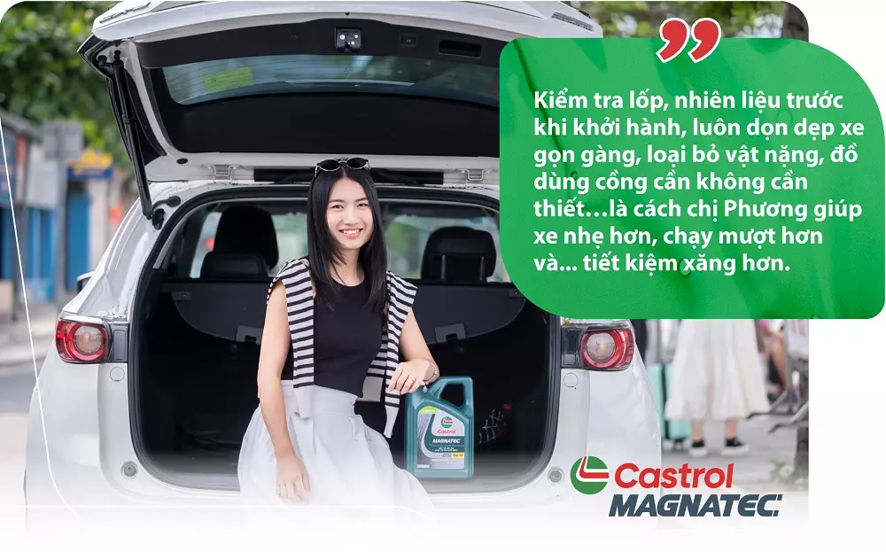 Kiểm tra lốp, nhiên liệu trước khi khởi hành, luôn dọn dẹp xe gọn gàng, loại bỏ vật nặng, đồ dùng cồng cần không cần thiết…là cách chị Phương giúp xe nhẹ hơn, chạy mượt hơn và... tiết kiệm xăng hơn. Kiểm tra lốp, nhiên liệu trước khi khởi hành, luôn dọn dẹp xe gọn gàng, loại bỏ vật nặng, đồ dùng cồng cần không cần thiết…là cách chị Phương giúp xe nhẹ hơn, chạy mượt hơn và... tiết kiệm xăng hơn.