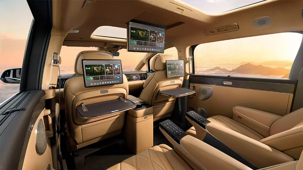 Denza D9 2026 sở hữu 2 màn hình gối và 1 màn hình treo trần để hành khách phía sau giải trí Denza D9 2026 sở hữu 2 màn hình gối và 1 màn hình treo trần để hành khách phía sau giải trí