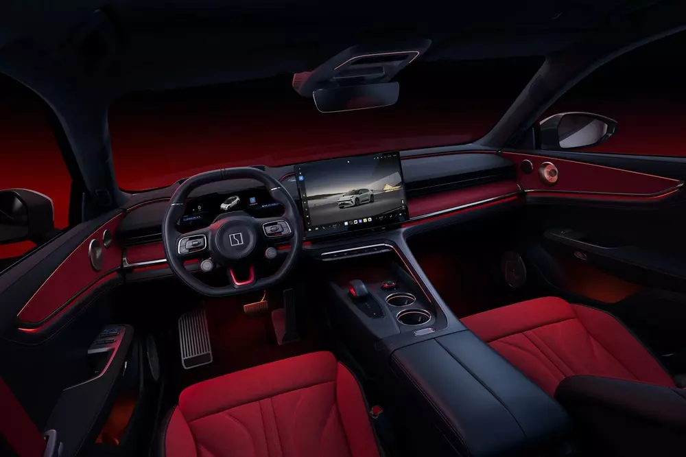 Nội thất của Zeekr 001 Anniversary Edition được phủ 2 màu đỏ-đen thể thao Nội thất của Zeekr 001 Anniversary Edition được phủ 2 màu đỏ-đen thể thao
