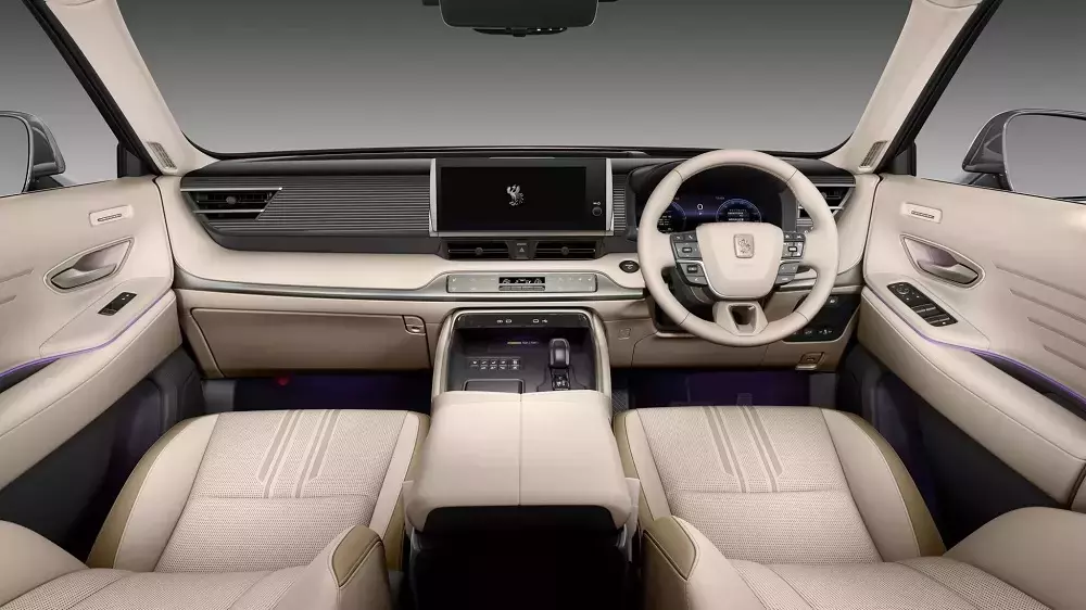 Khoang lái của Toyota Century SUV đi kèm bảng đồng hồ kỹ thuật số và màn hình cảm ứng trung tâm cùng có kích thước 12,3 inch