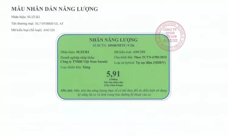 Nhãn dán năng lượng của Suzuki XL7 Hybrid GL AT Nhãn dán năng lượng của Suzuki XL7 Hybrid GL AT
