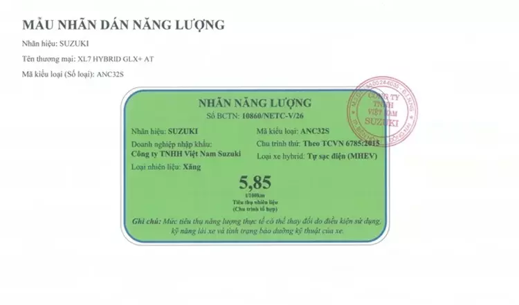 Nhãn dán năng lượng của Suzuki XL7 Hybrid GLX+ AT Nhãn dán năng lượng của Suzuki XL7 Hybrid GLX+ AT