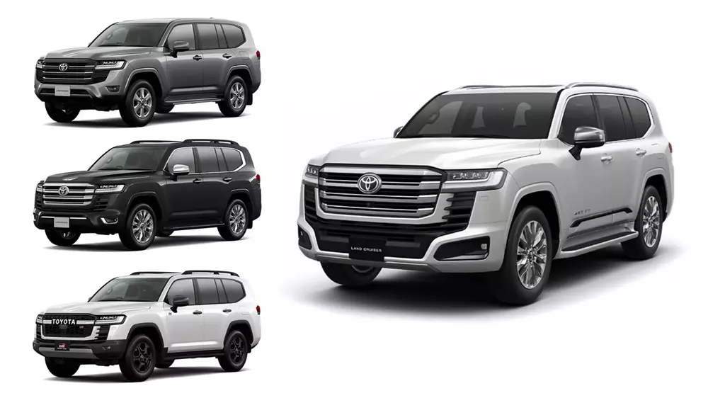 3 phiên bản của Toyota Land Cruiser 300 Series 2027, lần lượt từ trên xuống dưới là bản GX, ZX và GR Sport 3 phiên bản của Toyota Land Cruiser 300 Series 2027, lần lượt từ trên xuống dưới là bản GX, ZX và GR Sport